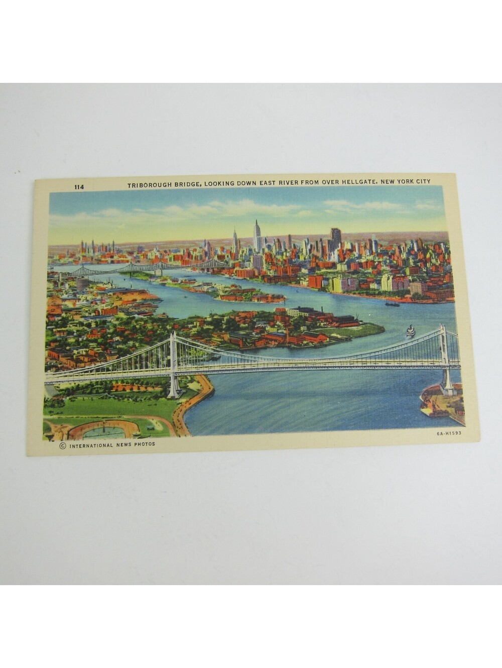 Linen Postcard New York City Triborough Bridge Down East River Hellgate Vintage